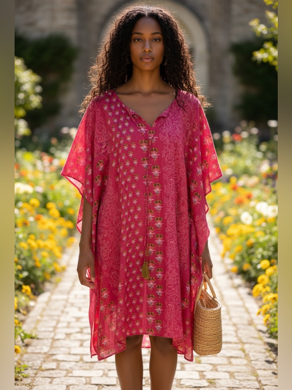 Fragonard Parfumeur Pink Caftan Kimono Dress, Size S/M